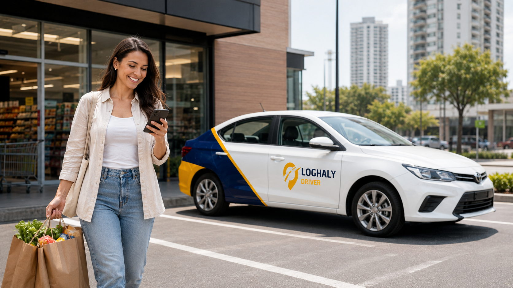 Passageira saindo do mercado com compras enquanto o carro Loghaly Driver aguarda