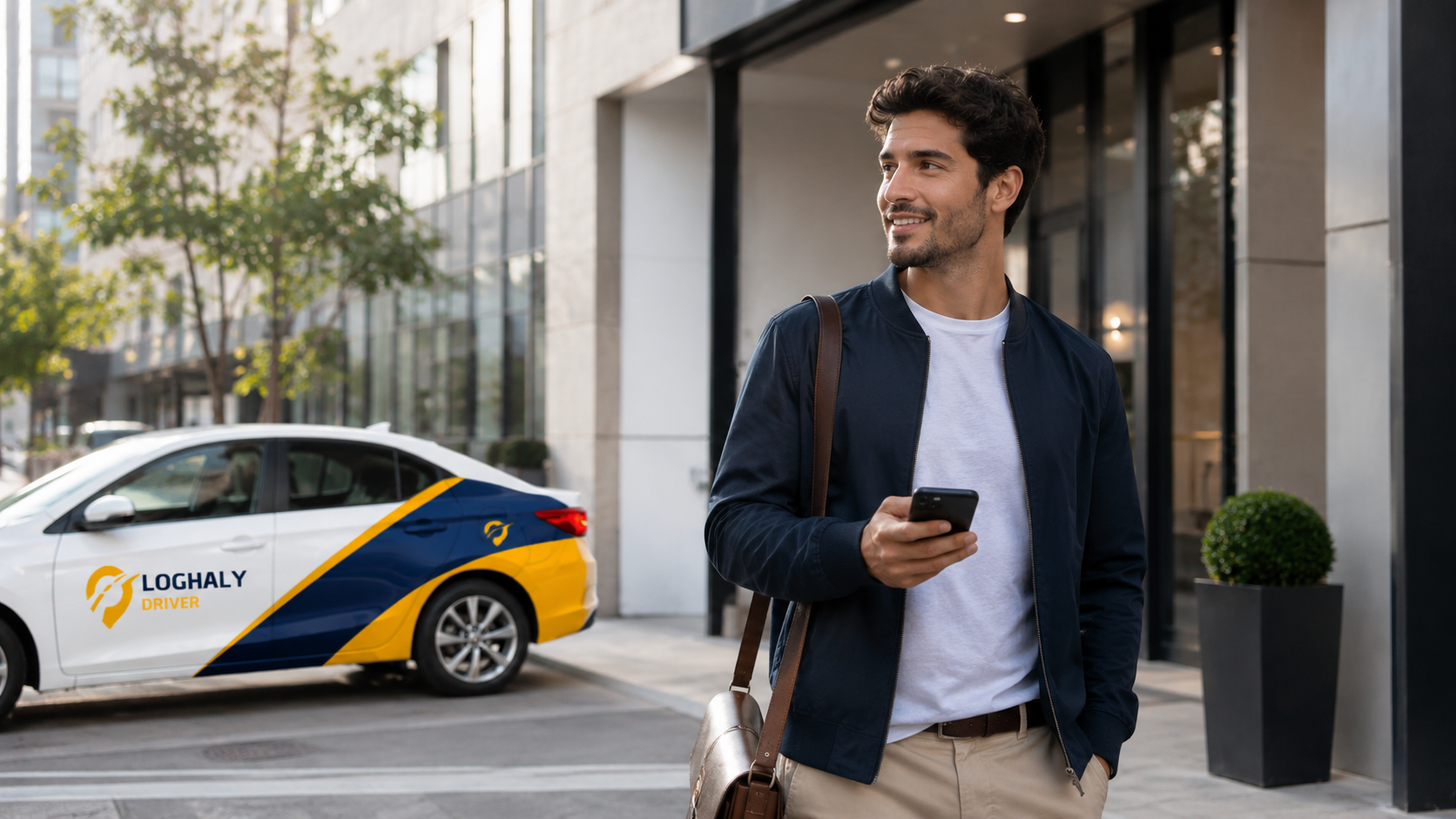 Passageiro na calçada com o celular e o carro oficial Loghaly Driver ao fundo